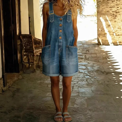 Women’s High-Waisted Sleeveless Denim Shorts Jumpsuit FitiqueFit