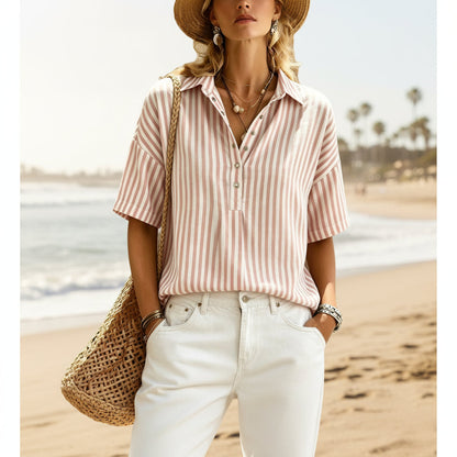 Women's Striped Short-Sleeve Shirt with Turn-Down Collar FitiqueFit
