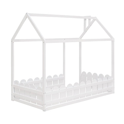 {Slats are not included}Twin Size Wood Bed House Bed Frame with Fence for KidsTeens Girls Boys {White}