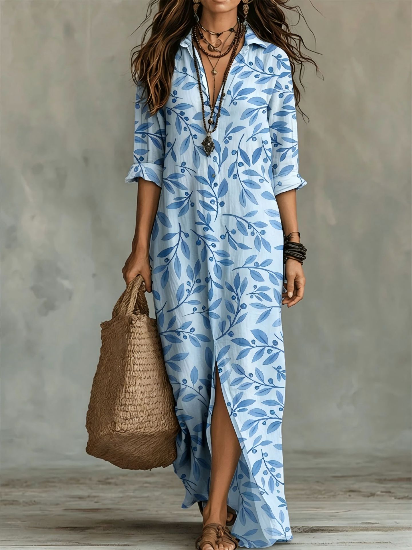 Digital Print Lapel Midi Shirt Dress – 5 Colors, S–3XL FitiqueFit