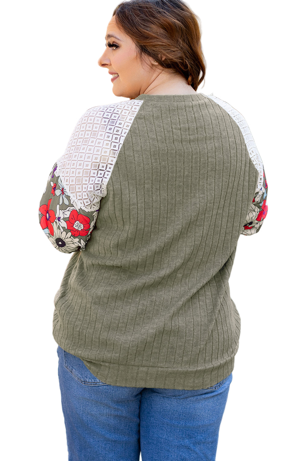 Vineyard Green Plus Size Textured Floral Patchwork Raglan Sleeve Top Garden Naked Curves