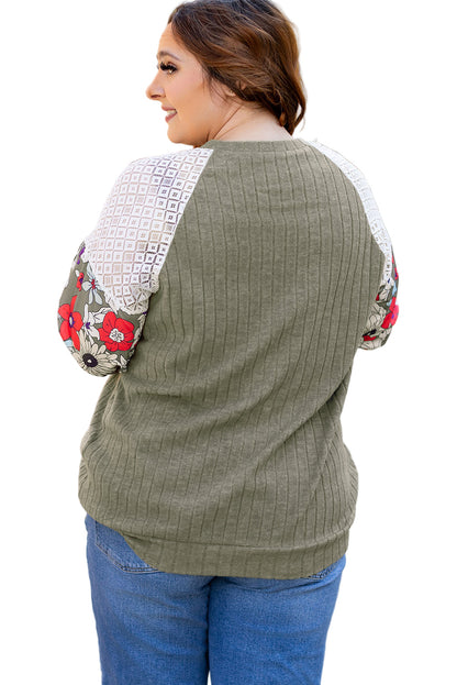 Vineyard Green Plus Size Textured Floral Patchwork Raglan Sleeve Top Garden Naked Curves