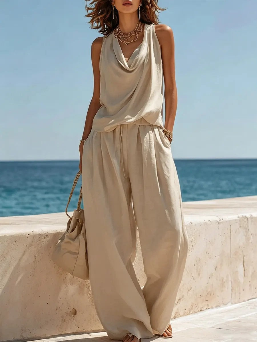 Women's Sleeveless Boat Neck Top & Wide-Leg Pants Two-Piece Set FitiqueFit