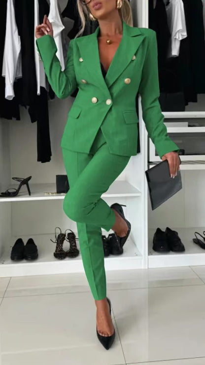 Double-Breasted Lapel Blazer & Zip-Up Trousers Suit FitiqueFit