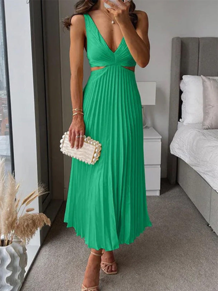 Ins Suspender Pleated Long Dress With Hollow-waisted Design Fashion V-neck Backless Dresses Summer Women's Clothing Grayceful LLC