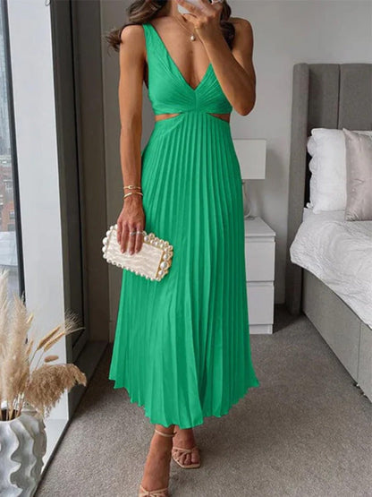 Ins Suspender Pleated Long Dress With Hollow-waisted Design Fashion V-neck Backless Dresses Summer Women's Clothing Grayceful LLC