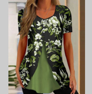 Women’s Printed Faux Two-Piece V-Neck Short Sleeve Top FitiqueFit