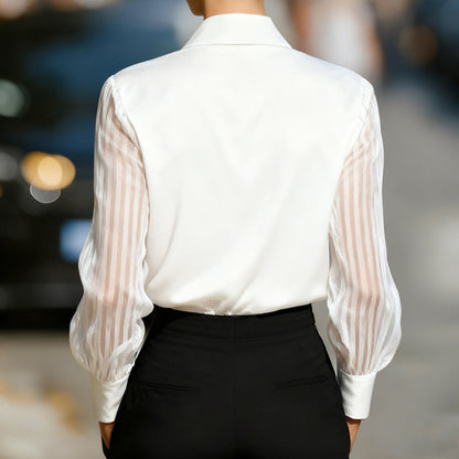 Women’s Satin Lapel Collar Blouse – Sheer Long Sleeve Button-Down Shirt for Office & Spring/Autumn Wear FitiqueFit