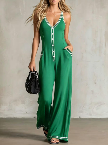 Women's V-Neck Backless Wide-Leg Jumpsuit – High Waist Casual FitiqueFit