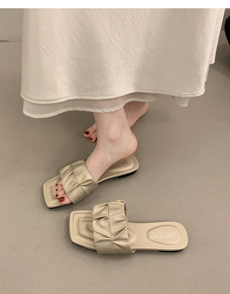Minimalist Pleated Flat Slide Sandals – Square Toe Faux Leather FitiqueFit
