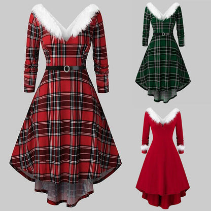 Christmas Women’s Fur Patchwork V-Neck Long-Sleeved Dress FitiqueFit