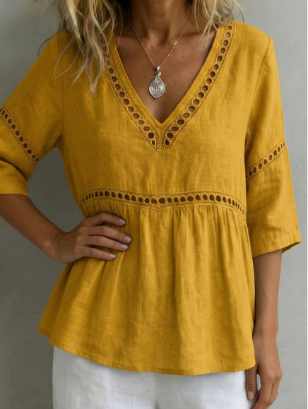 Women's V-Neck Hollow-Out Fringe Cotton-Linen Top FitiqueFit