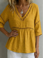 Women's V-Neck Hollow-Out Fringe Cotton-Linen Top FitiqueFit