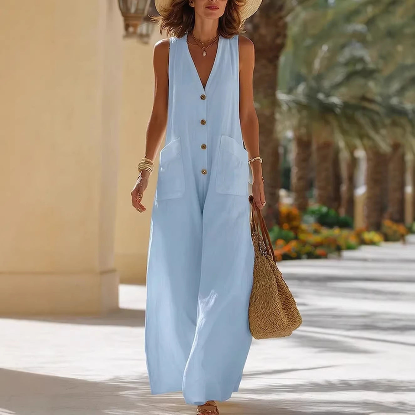Women's Sleeveless Cotton-Linen Wide-Leg Jumpsuit – Button Pockets FitiqueFit