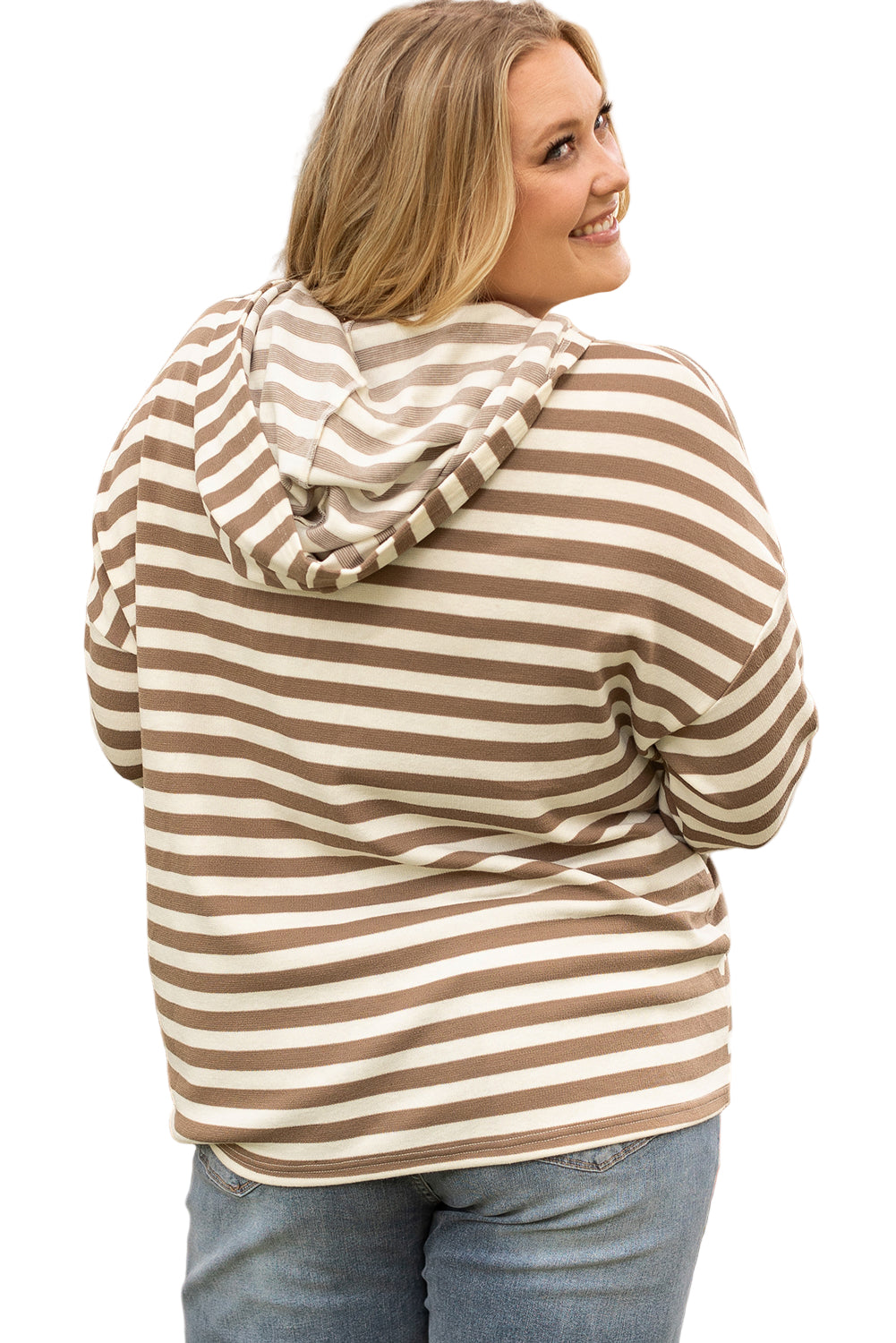 Brown Stripe Quarter Buttons Drop Sleeve Plus Size Hoodie Garden Naked Curves