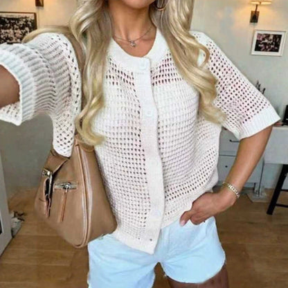 Women's Hollow-Out Knit Cardigan – Open Front, Short Sleeve, Solid Color FitiqueFit