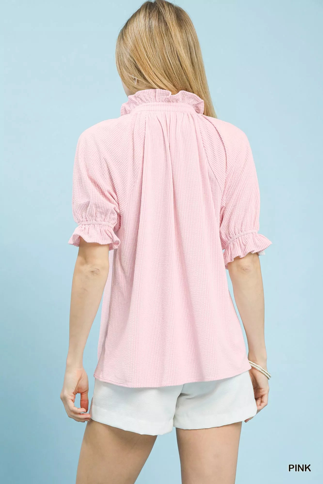 Umgee Textured Ruffle Sleeve V-Neck Top Montret