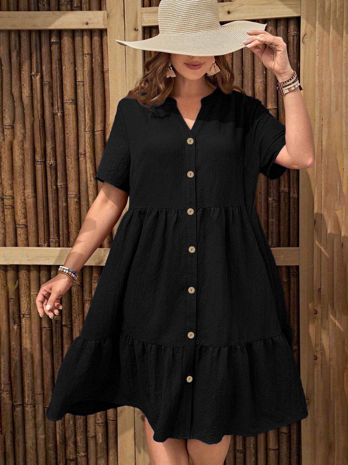 Plus-Size Button-Front V‑Neck Midi Dress FitiqueFit