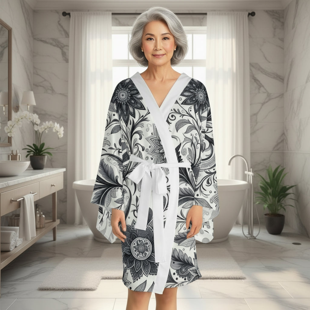 Elegant Floral Long Sleeve Kimono Robe, Stylish Lounge Wear, Perfect for Relaxation, Gift for Her, Home Spa Essentials, Beautiful Design Grayceful LLC