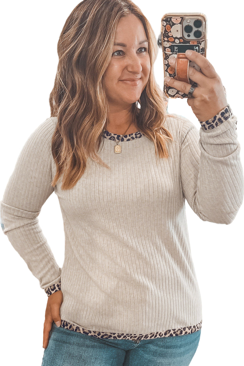 Parchment Ribbed Contrast Leopard Edge Round Neck Plus Size Top Garden Naked Curves