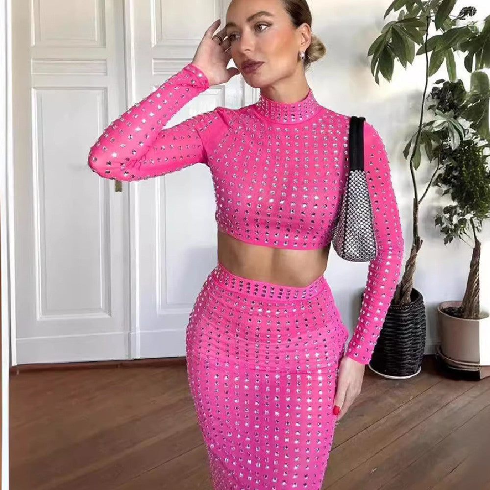 Hot Girl Women's Fashion Rivet Elastic Tight Skirt Suit See size chart under “more details” The Fashion Celestial