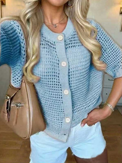 Women's Hollow-Out Knit Cardigan – Open Front, Short Sleeve, Solid Color FitiqueFit