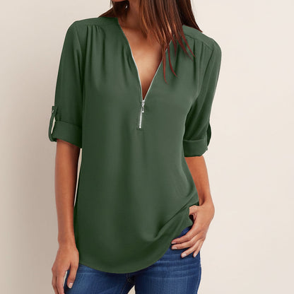 Women's Short-Sleeve Zip V-Neck Loose Top FitiqueFit