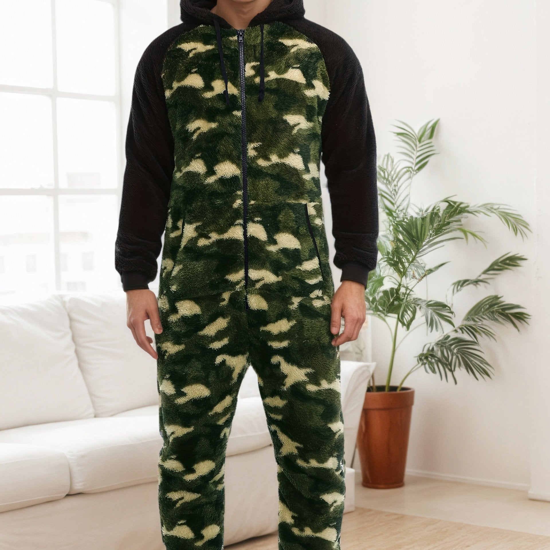 Men'S Heavy-Duty Full-Zip Hooded Onesie - Long Sleeve Winter Sleepwear with Drawstring Hood, Loose Fit Onesie for Cold Weather, Christmas Costume & Everyday Indoor/Outdoor Use - Easy Zipper Closure, Indoor Loungewear, Plush, NovaCart