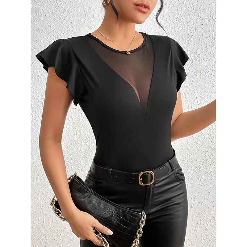 Women’s Summer Ruffle Mesh Panel Top – Short Sleeve Slim Fit Casual Tee Blouse FitiqueFit