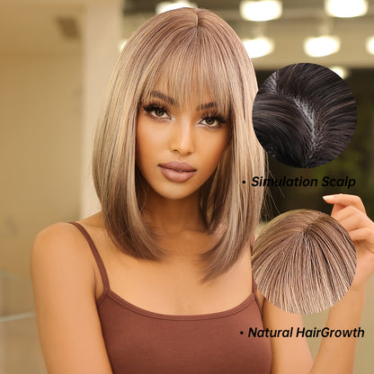 Elegant 14 inch Gray Ombre Brown Bob Wig for Women with Bangs, Shoulder Length Straight Hair Wig, High Temperature Fiber, Rose Net Cap, Natural Look NovaCart