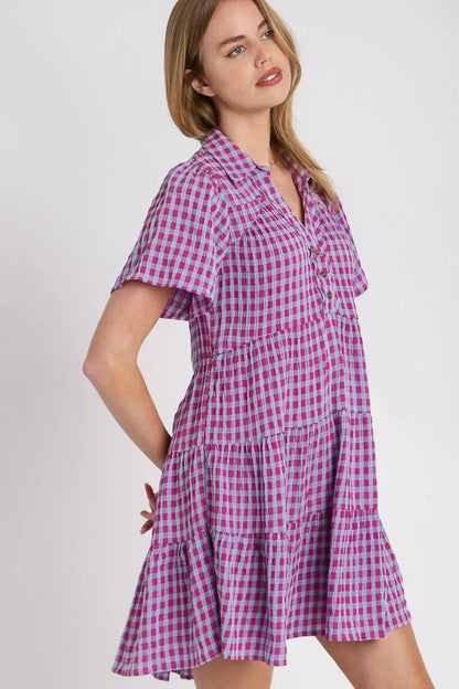 Umgee Full Size Gingham Tiered Button Detail Short Sleeve Dress Plus Size West2East Surf