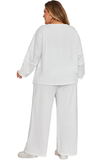 White Textured Raw Seam Plus Size Pullover Top and Drawstring Pants Set Garden Naked Curves