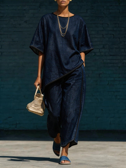 Women's Denim-Style Knit Top & Wide-Leg Pants Set – Casual 2-Piece FitiqueFit