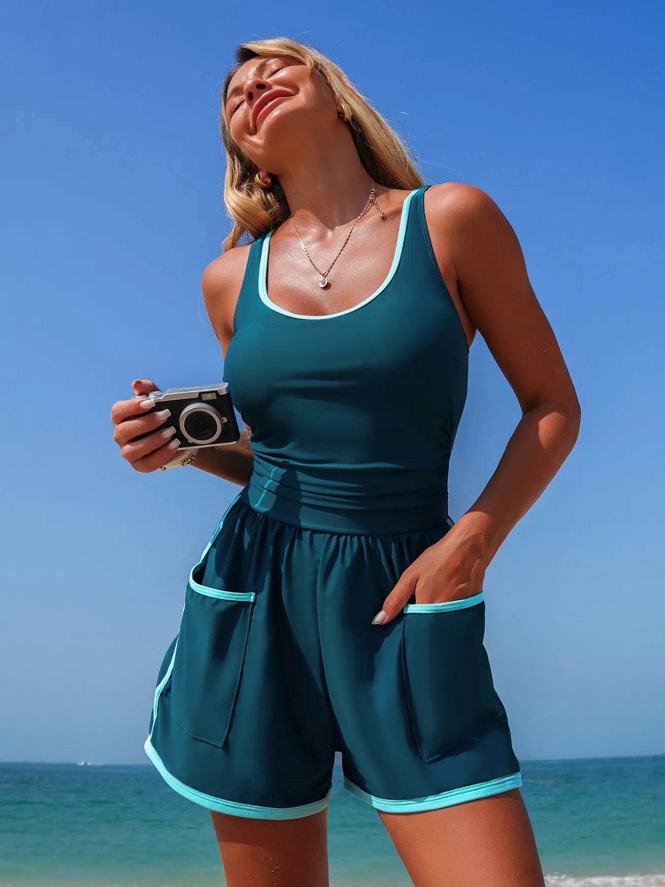 Contrast Trim Scoop Neck One Piece Swimsuit New Era Fashion LLc