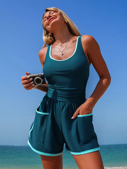 Contrast Trim Scoop Neck One Piece Swimsuit New Era Fashion LLc