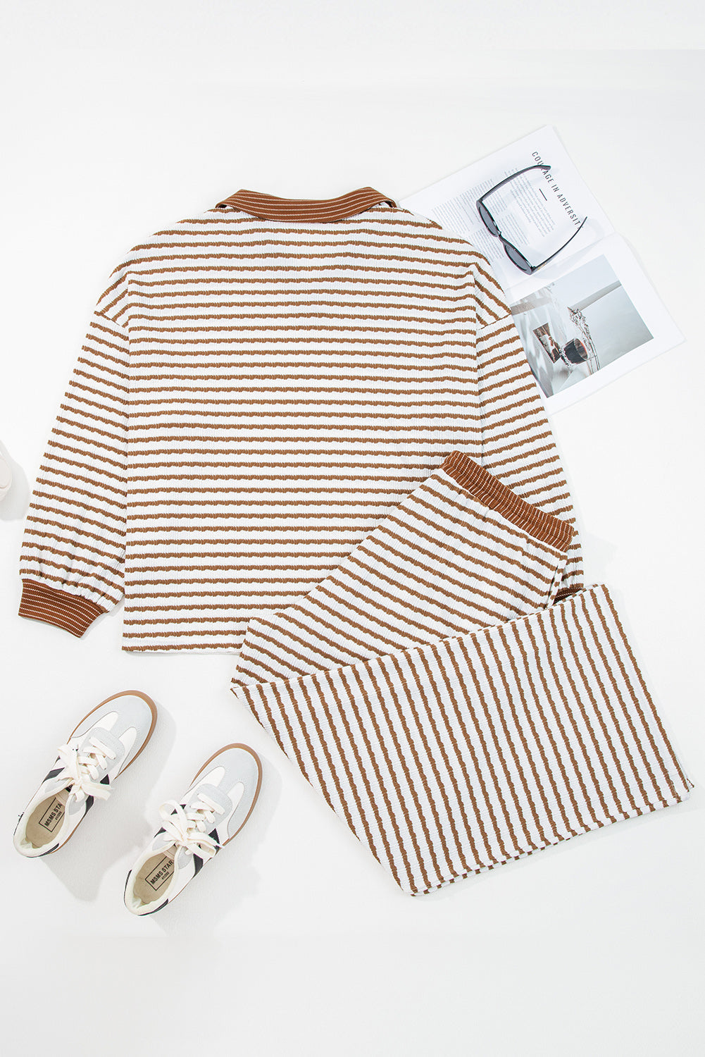 Khaki Stripe Plus Size Collared V Neck Loose Pullover Drawstring Elastic Waist Wide Leg Pant Set Garden Naked Curves