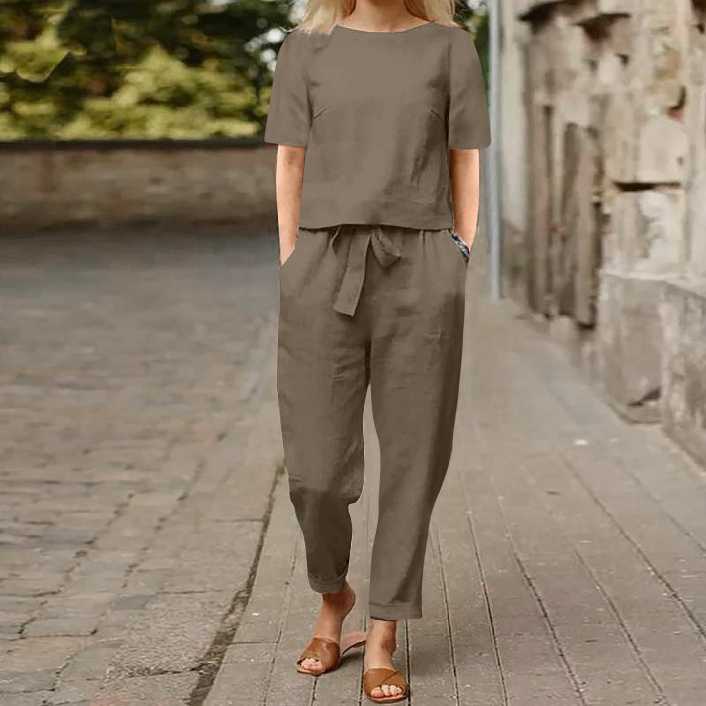 Wide-Leg Pants Two-Piece Set – Solid Color Casual Lounge Suit FitiqueFit