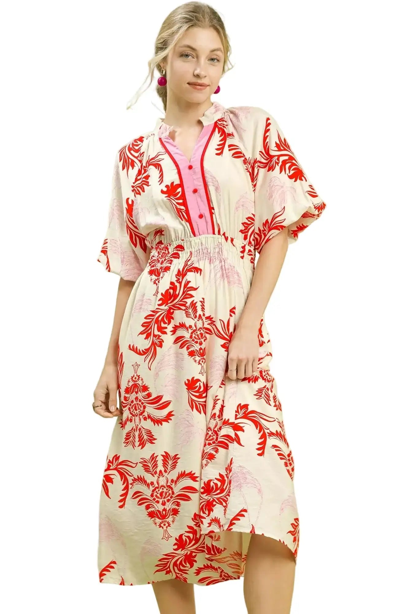 Umgee Tropical Print Button Detail Midi Dress West2East Surf