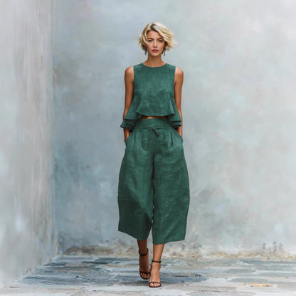Women’s Linen-Blend Sleeveless Two Piece Set with Ruffled Detailing FitiqueFit
