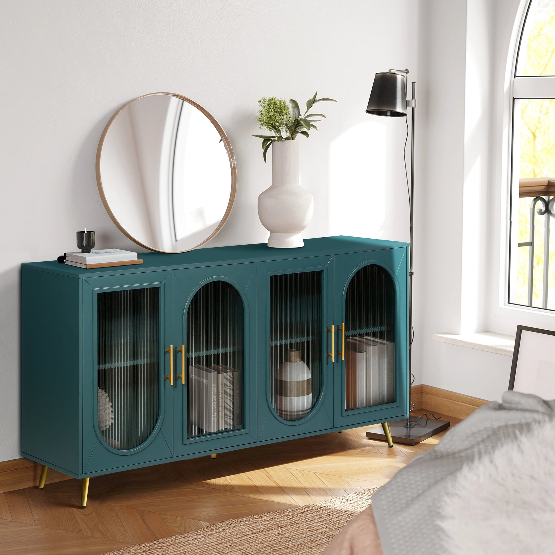 TV Stand for 65+ Inch TV, Wood TV Stand with Storage Cabinet & Adjustable Shelves, Media TV Console for Living Room Bedroom V.I.P Digital Presence