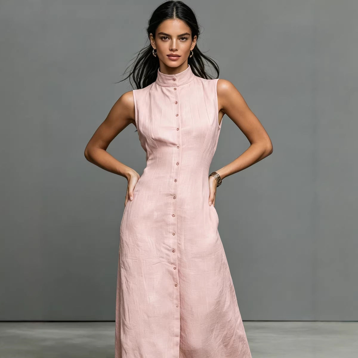 Women's Stand-Collar Single-Breasted Sleeveless Midi Dress FitiqueFit