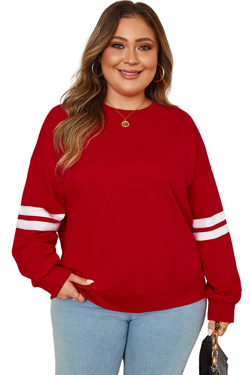 Fiery Red Varsity Striped Detail Crew Neck Plus Sweatshirt Garden Naked Curves