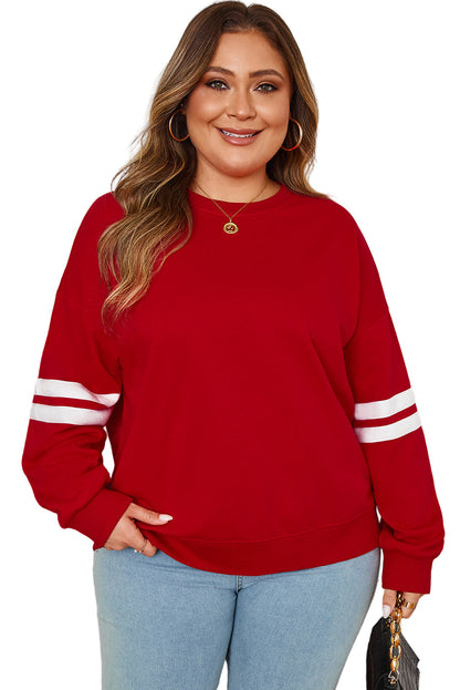 Fiery Red Varsity Striped Detail Crew Neck Plus Sweatshirt Garden Naked Curves