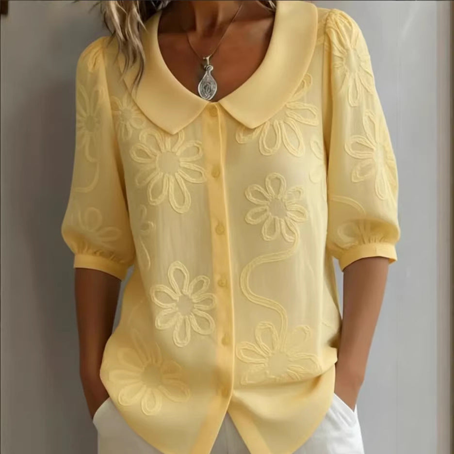 Women's Loose-Fit Retro 3D Embroidered Floral Shirt – Buttoned Casual Top FitiqueFit