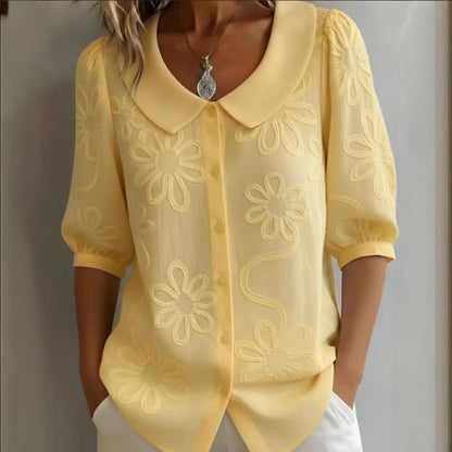 Women's Loose-Fit Retro 3D Embroidered Floral Shirt – Buttoned Casual Top FitiqueFit