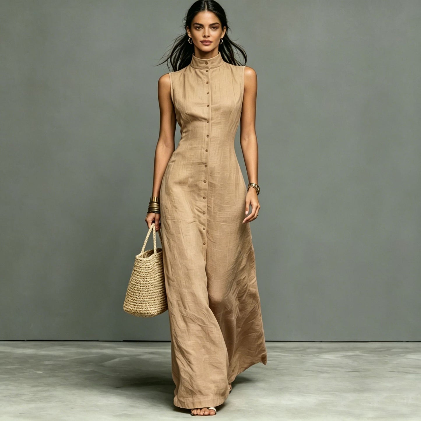 Women's Stand-Collar Single-Breasted Sleeveless Midi Dress FitiqueFit