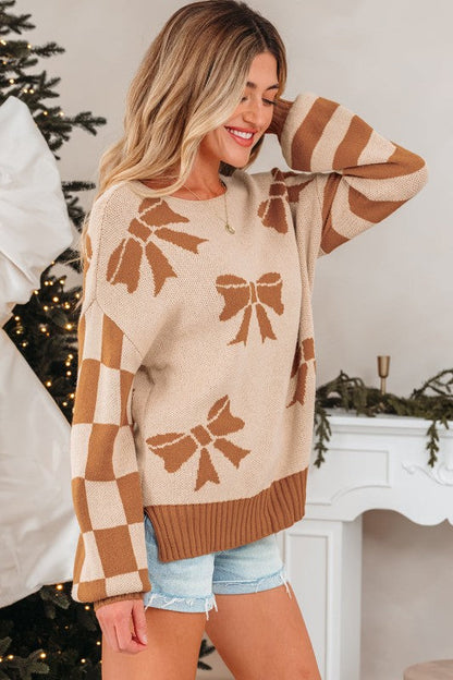 Bow Checker Stripe Patchwork Sleeve Sweater Shop Style & More | Fresh Looks, Everyday Deals & Free Shipping