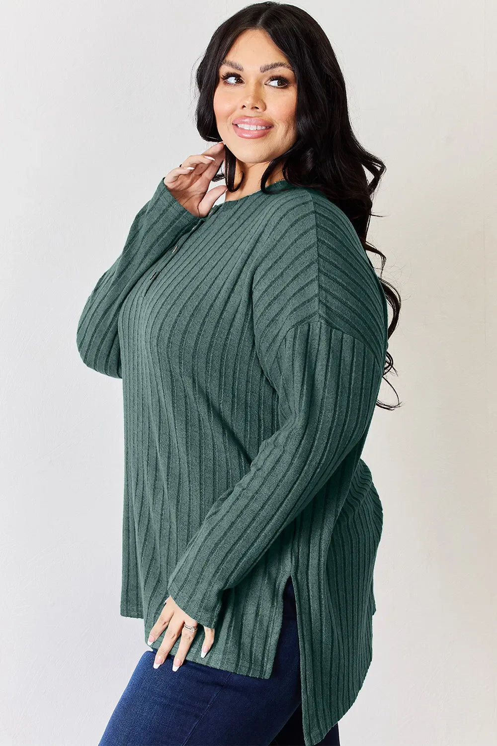 Basic Bae Full Size Ribbed Half Button Long Sleeve High-Low T-Shirt New Era Fashion LLc