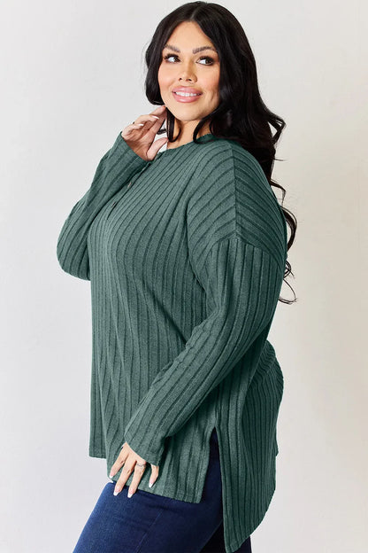 Basic Bae Full Size Ribbed Half Button Long Sleeve High-Low T-Shirt New Era Fashion LLc