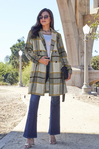 Double Take Full Size Plaid Button Up Lapel Collar Coat West2East Surf